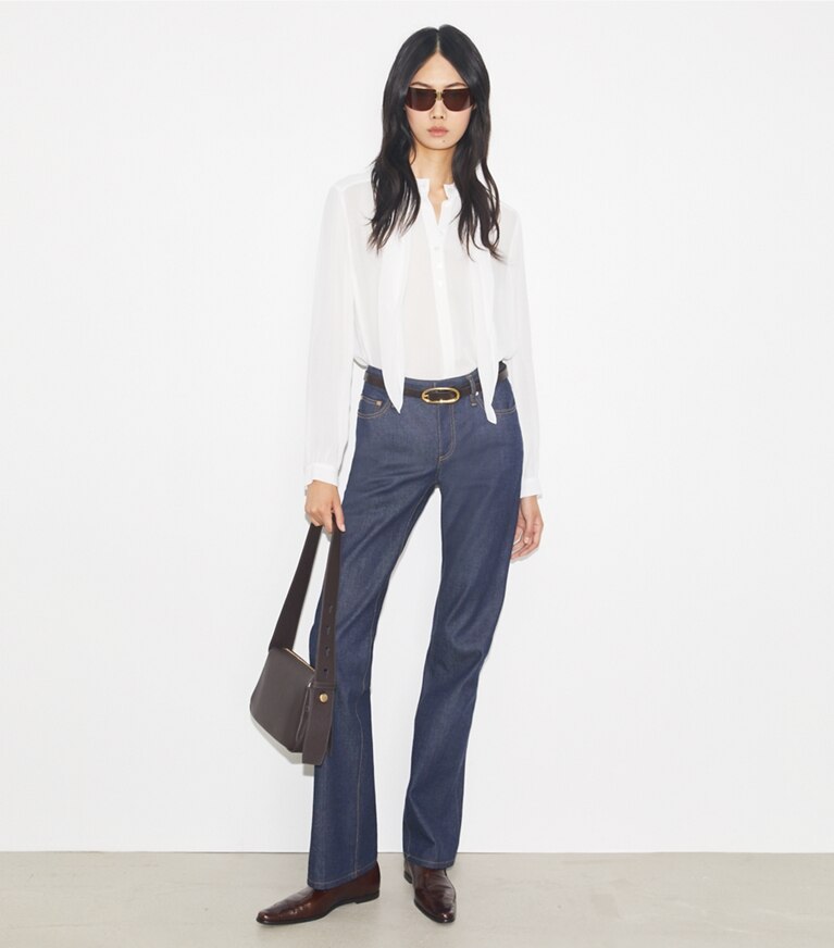 Tory Burch designer oberteile Schluppenbluse aus Georgette in Marshmallow front