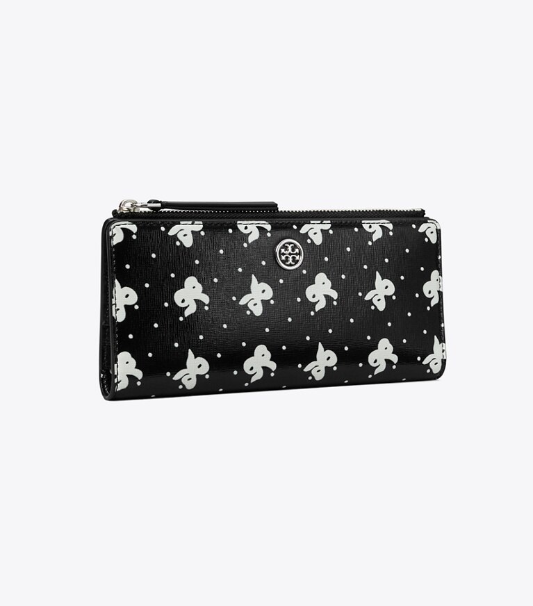 Tory Burch designer geldbörsen Schmale, bedruckte Robinson Geldbörse mit Reißverschluss in Black Tossed Bow angle