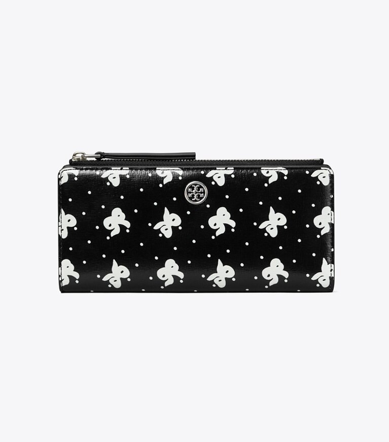 Tory Burch designer geldbörsen Schmale, bedruckte Robinson Geldbörse mit Reißverschluss in Black Tossed Bow angle