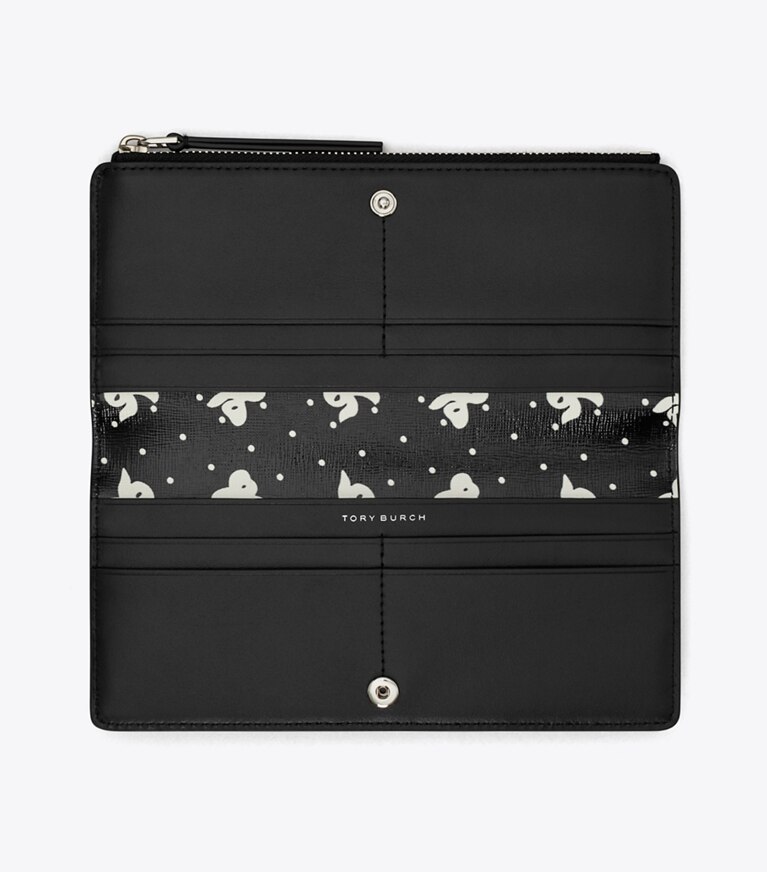 Tory Burch designer geldbörsen Schmale, bedruckte Robinson Geldbörse mit Reißverschluss in Black Tossed Bow angle