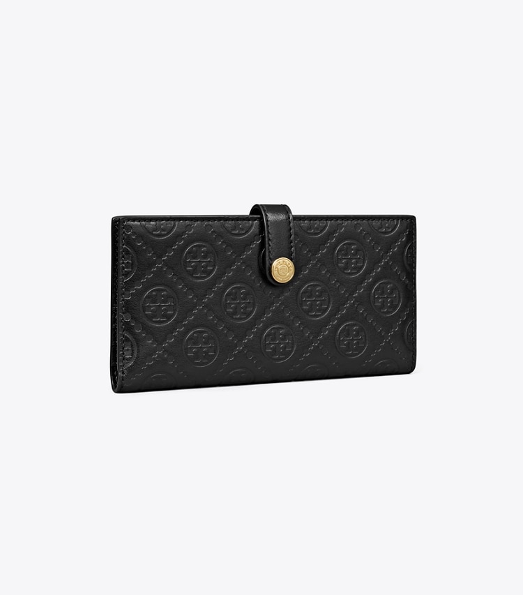 Tory Burch designer geldbörsen Schmale, geprägte Geldbörse mit T-Monogramm und Reißverschluss in Black angle