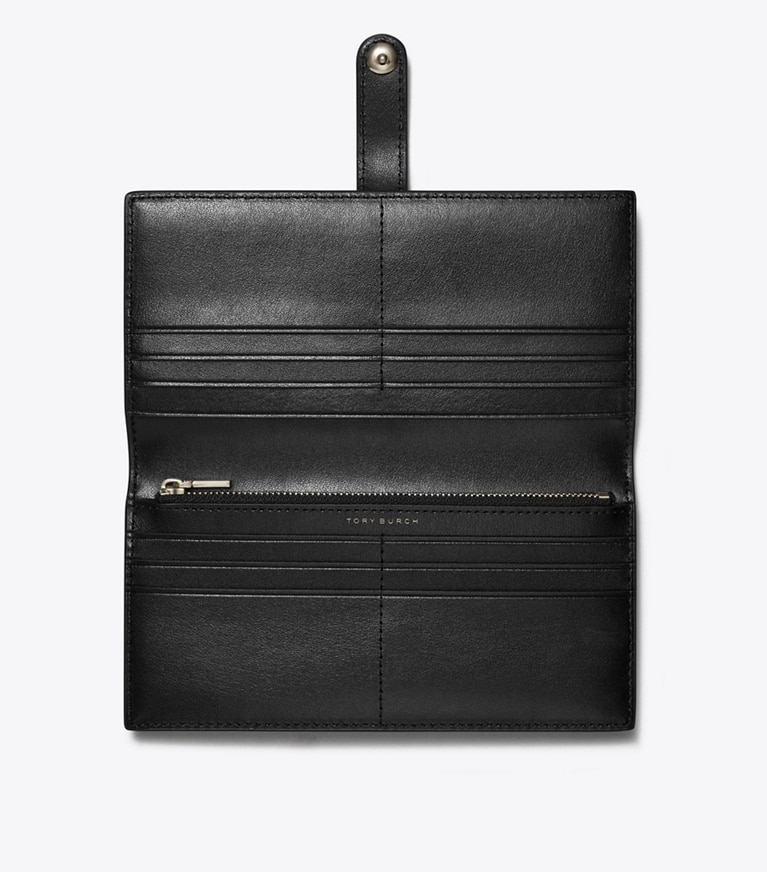 Tory Burch designer geldbörsen Schmale, geprägte Geldbörse mit T-Monogramm und Reißverschluss in Black angle