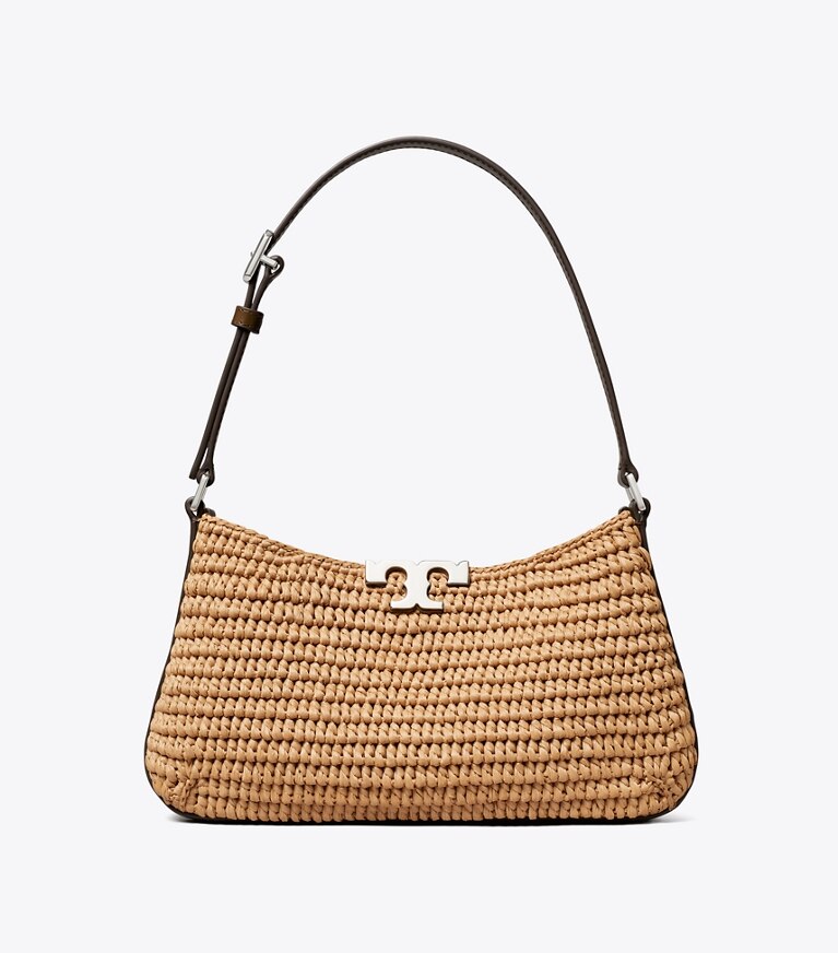 Tory Burch designer schultertaschen Schmale Eleanor Schultertasche aus Raffiabast in Honeycomb front