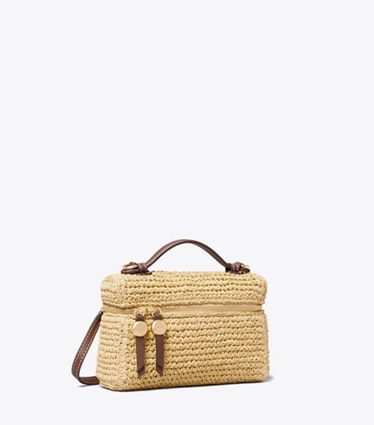 Tory Burch designer crossbody bags Schmale gewebte Romy Tasche mit Tragegriff oben in Natural angle