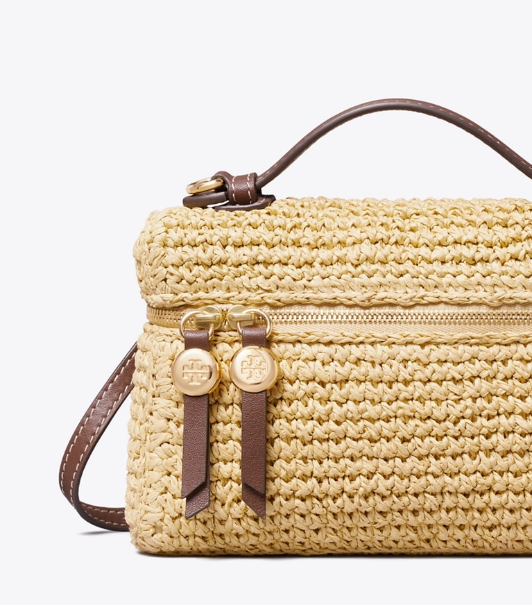 Tory Burch designer crossbody bags Schmale gewebte Romy Tasche mit Tragegriff oben in Natural detail