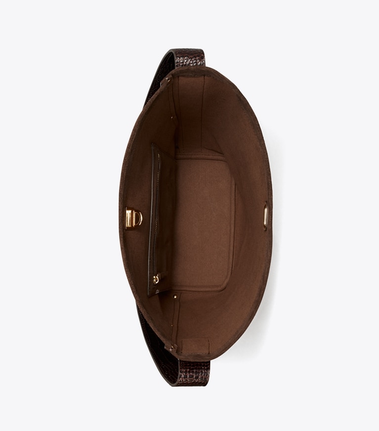 Tory Burch designer schultertaschen Schmale Lock Bucket Bag aus Wildleder in Dark Cocoa von oben