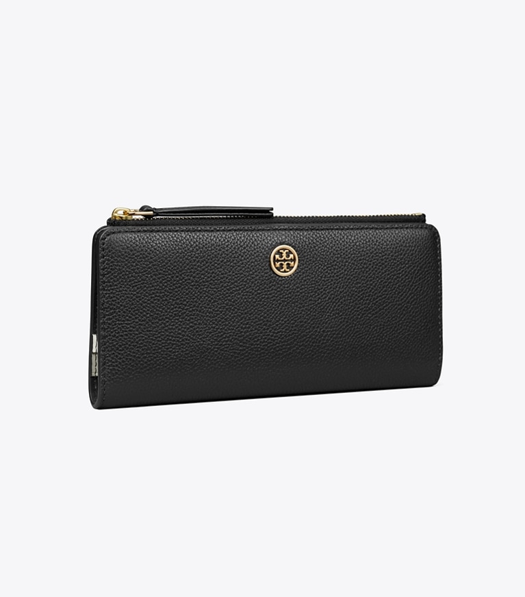 Tory Burch designer geldbörsen Schmale Robinson Geldbörse aus Strukturleder mit Reißverschluss in Black angle