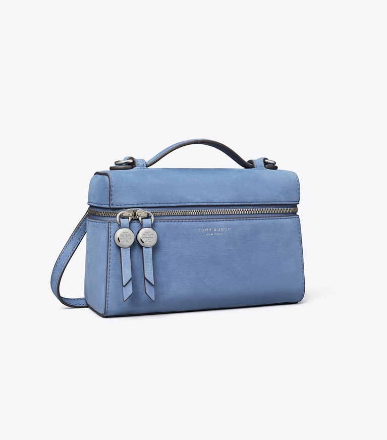 Tory Burch designer crossbody bags Schmale Romy Tasche aus Nubukleder mit Tragegriff oben in Soft Blue angle