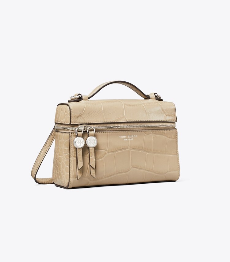 Tory Burch designer crossbody bags Schmale Romy Tasche mit Krokoprägung und Tragegriff oben in Light Hickory angle