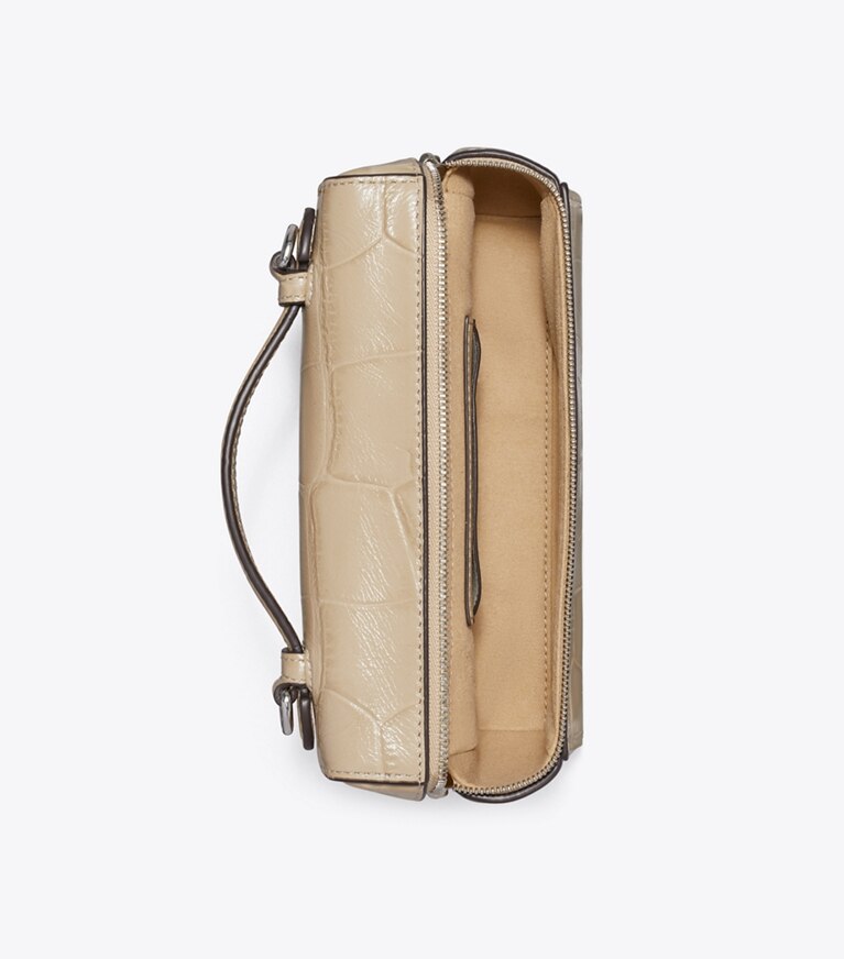 Tory Burch designer crossbody bags Schmale Romy Tasche mit Krokoprägung und Tragegriff oben in Light Hickory von oben