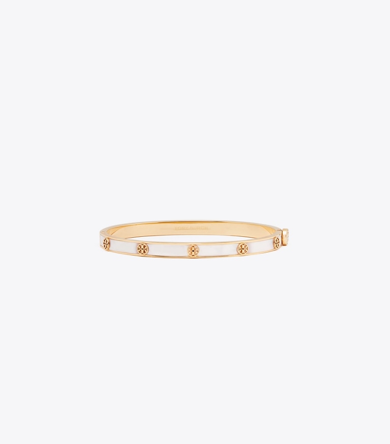 Tory Burch designer armbänder Schmaler Icon Scharnierarmreif mit Perlmutt in Tory Gold / Mother of Pearl front