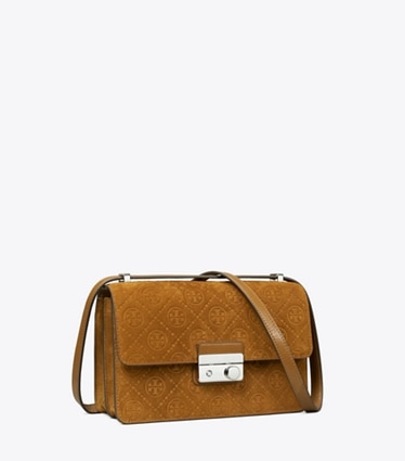 Tory Burch designer schultertaschen Schultertasche aus Wildleder mit T-Monogramm in CHICORY BROWN angle