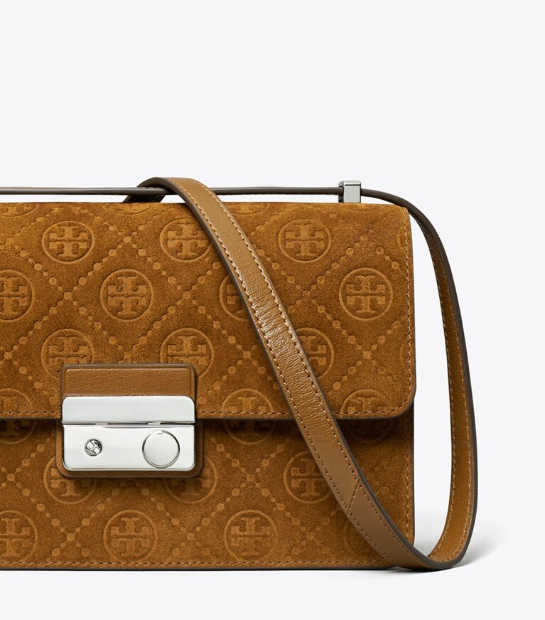 Tory Burch designer schultertaschen Schultertasche aus Wildleder mit T-Monogramm in CHICORY BROWN angle