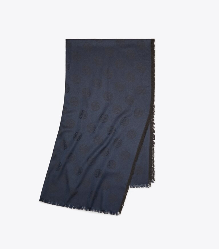 Tory Burch designer sciarpe Sciarpa da viaggio lunga con logo a medaglione in Black / Navy folded