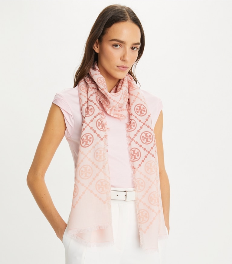 Tory Burch designer sciarpe Sciarpa lunga T Monogram con stampa in Pink superiore