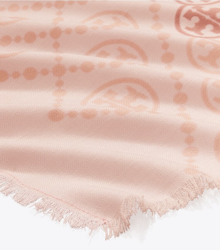 Tory Burch designer sciarpe Sciarpa lunga T Monogram con stampa in Pink dettaglio