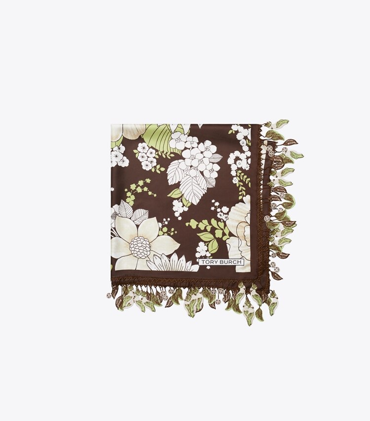 Tory Burch designer sciarpe Sciarpa quadrata floreale in seta in Green / Brown Floral folded