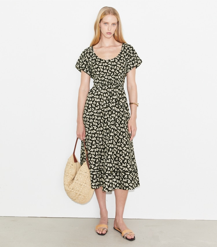 Tory Burch designer coverups Scoop-Neck Dress in Neutral Little Leaves on model front