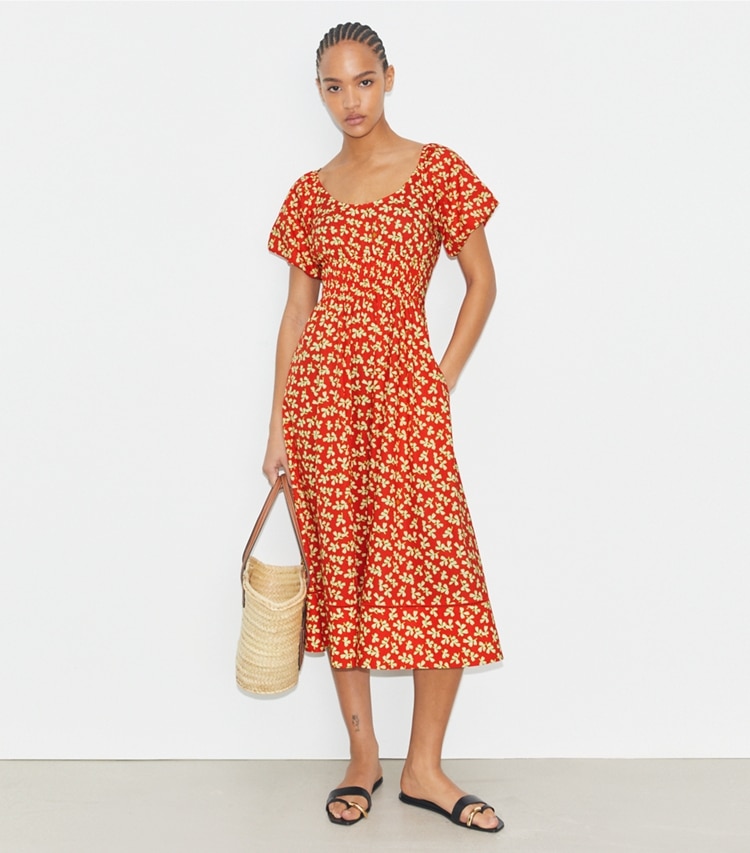 Tory Burch designer coverups Scoop-Neck Dress in Red Little Leaves on model front