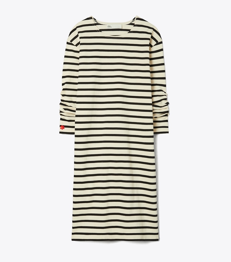 Tory Burch designer ドレス スクラッチスリーブ ジャージー Tシャツドレス in Light Ivory / Black front