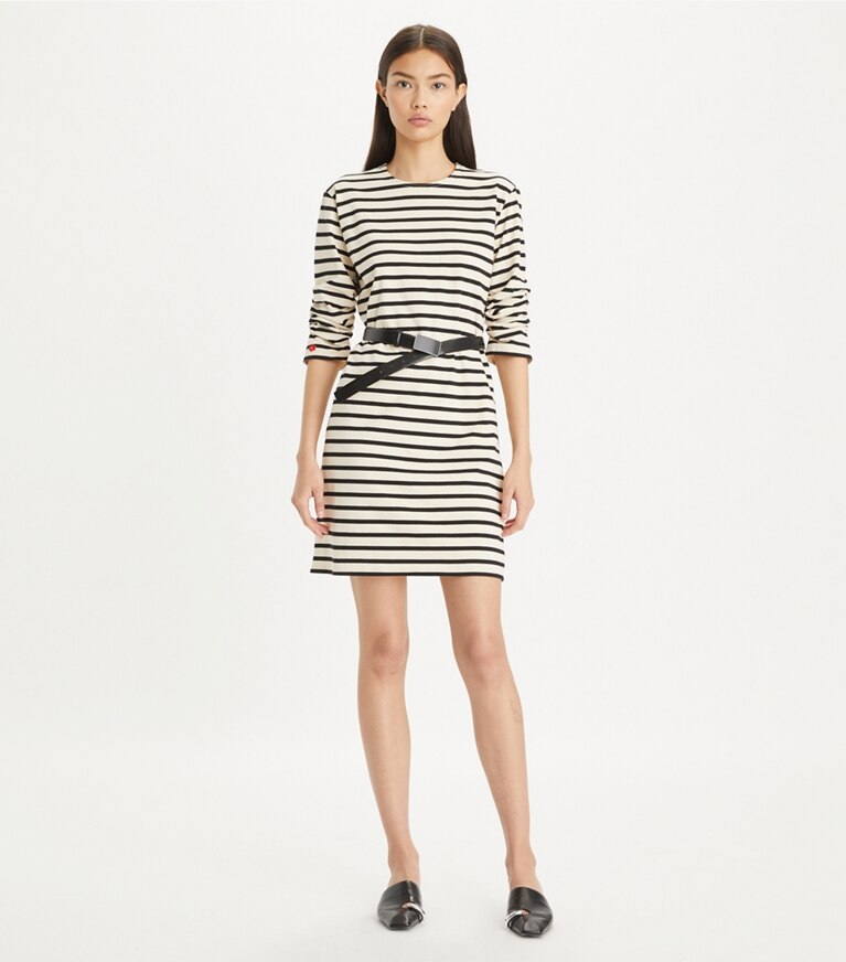Tory Burch designer ドレス スクラッチスリーブ ジャージー Tシャツドレス in Light Ivory / Black front