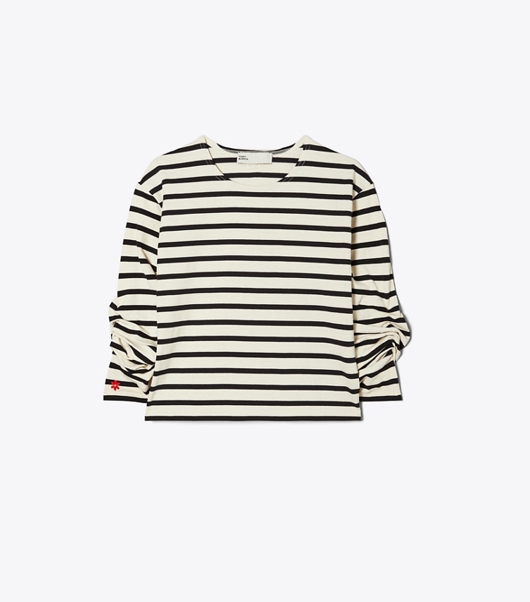 Tory Burch designer トップス スクランチスリーブ Tシャツ in Light Ivory / Black front