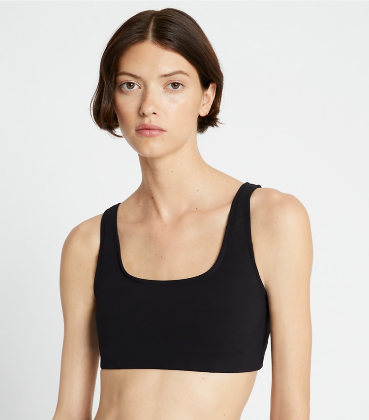 Tory Sport designer sports bras Sculpt Compression Bra in Sport Black on model detail