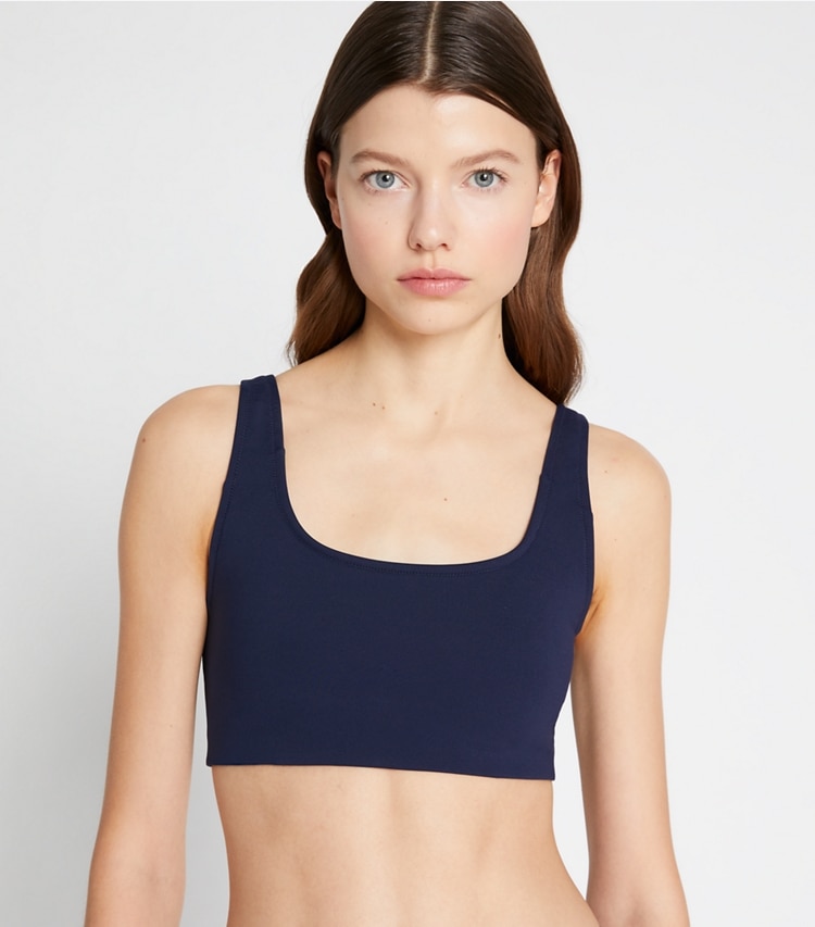Tory Sport designer sports bras Sculpt Compression Bra in Tory Navy on model detail