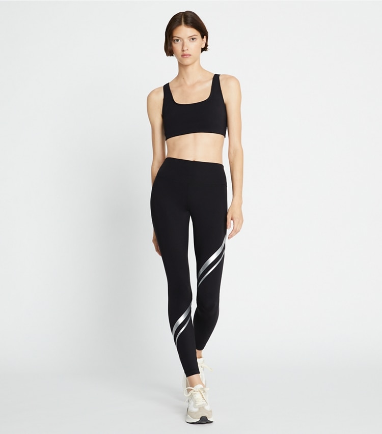 Tory Sport designer sports bras Sculpt Compression Bra in Sport Black on model front