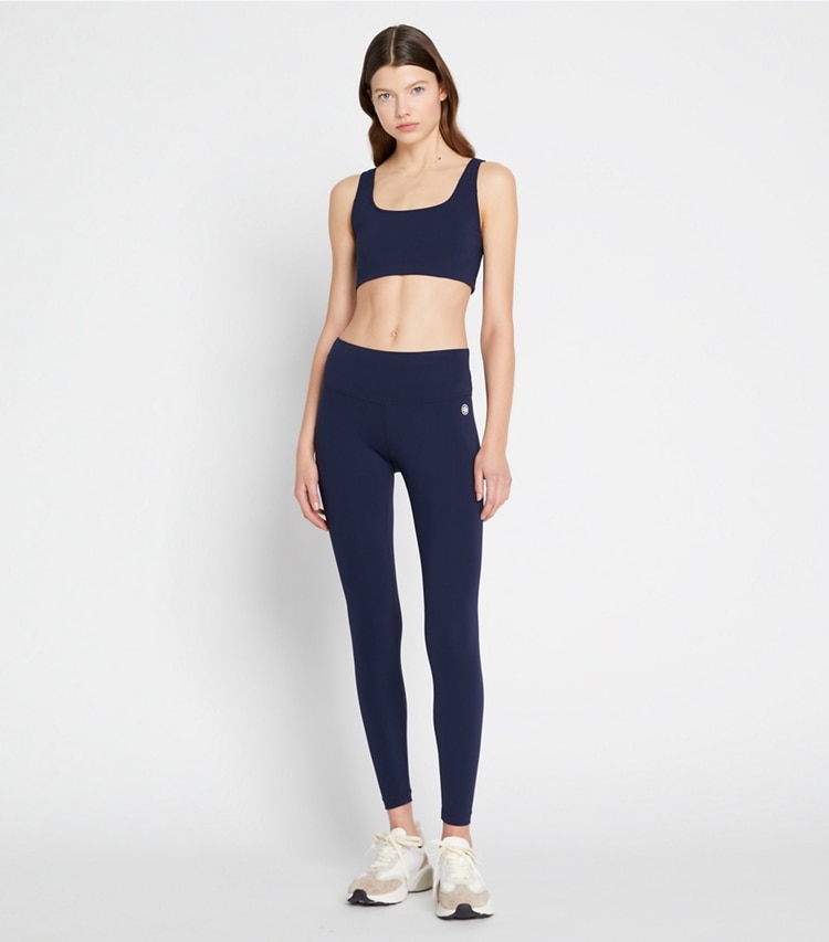 Tory Sport designer sports bras Sculpt Compression Bra in Tory Navy on model front
