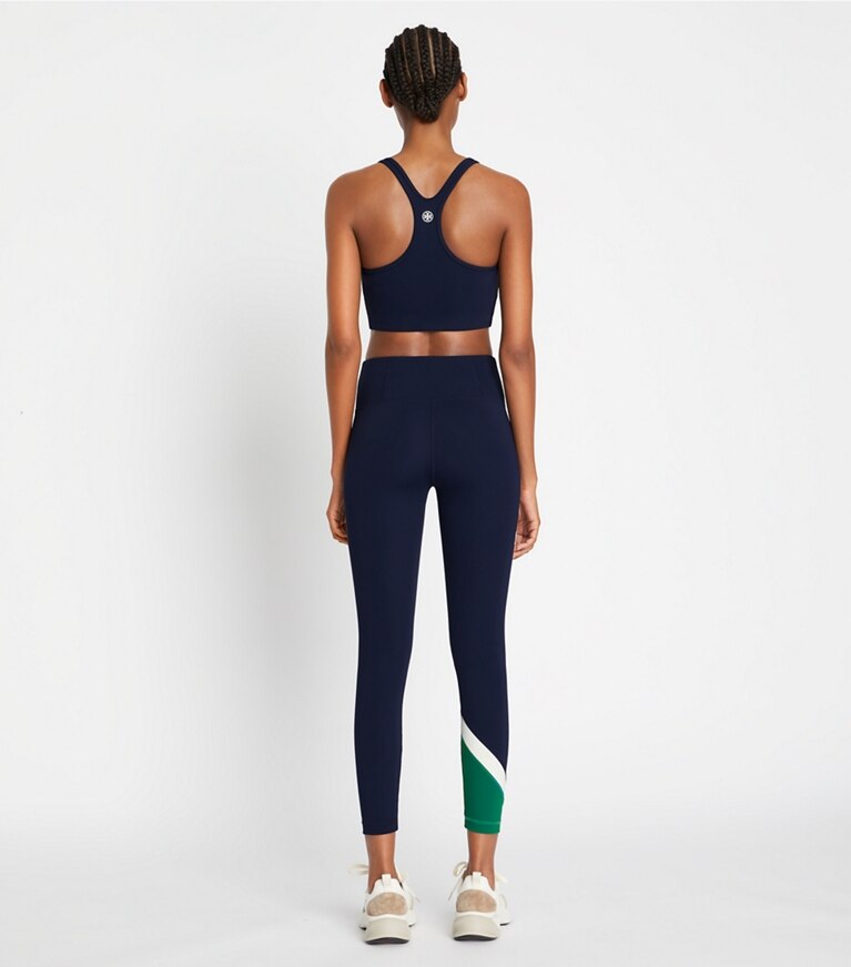 Tory Sport designer bottoms Sculpt Compression Colorblock Chevron Legging in Tory Navy / Evergreen front