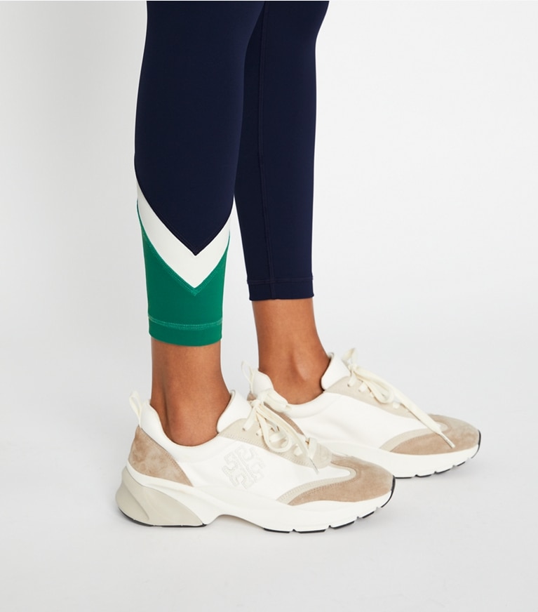 Tory Sport designer bottoms Sculpt Compression Colorblock Chevron Legging in Tory Navy / Evergreen front