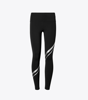 Tory Sport designer bottoms Sculpt Compression Metallic Chevron Legging in Sport Black / Silver front