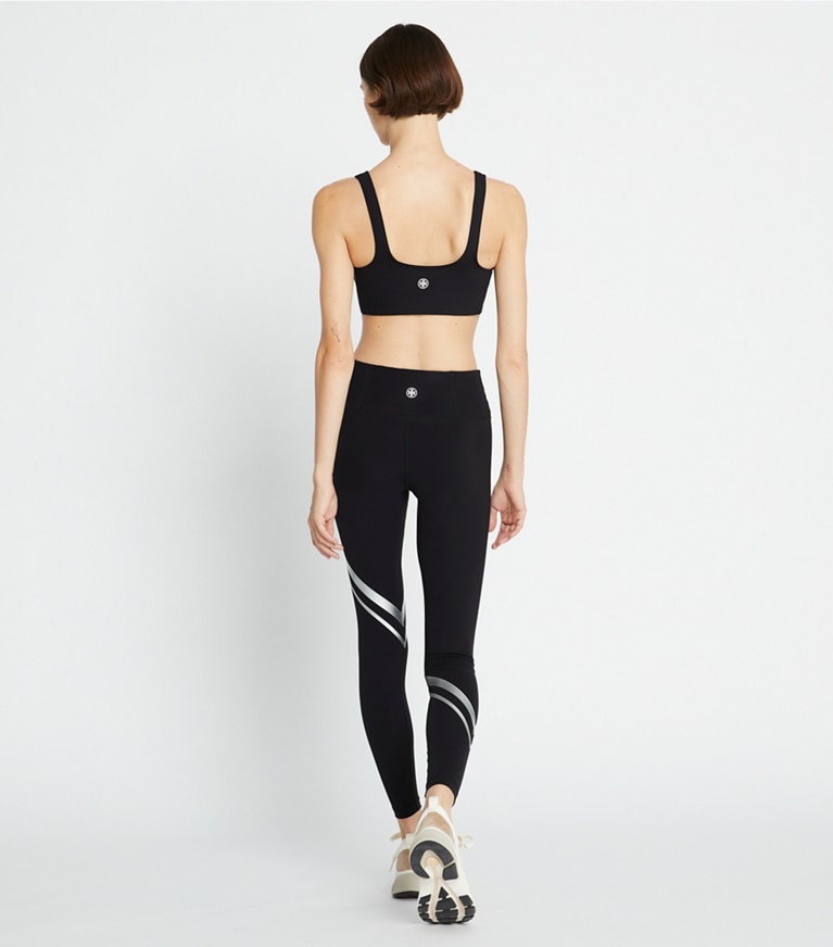 Tory Sport designer bottoms Sculpt Compression Metallic Chevron Legging in Sport Black / Silver front
