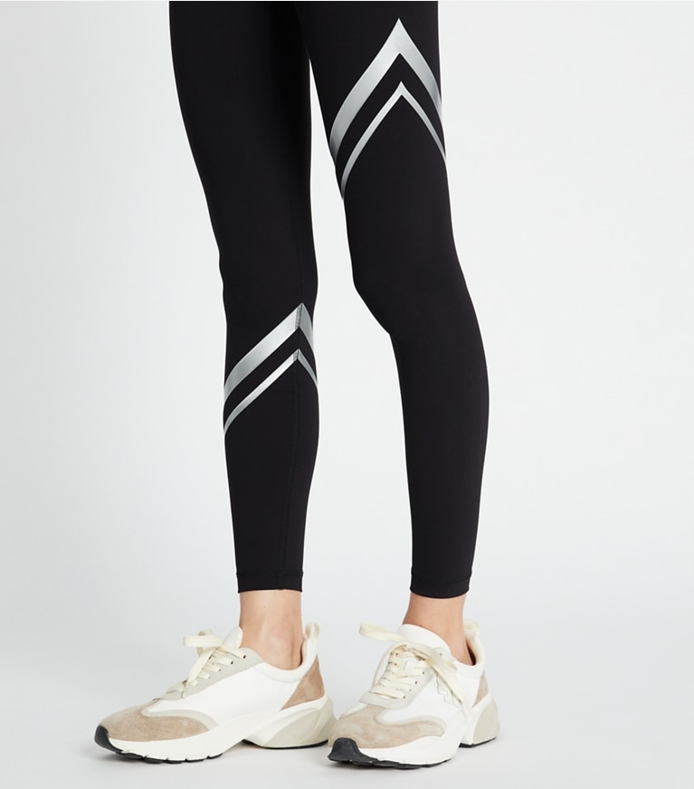 Tory Sport designer bottoms Sculpt Compression Metallic Chevron Legging in Sport Black / Silver front