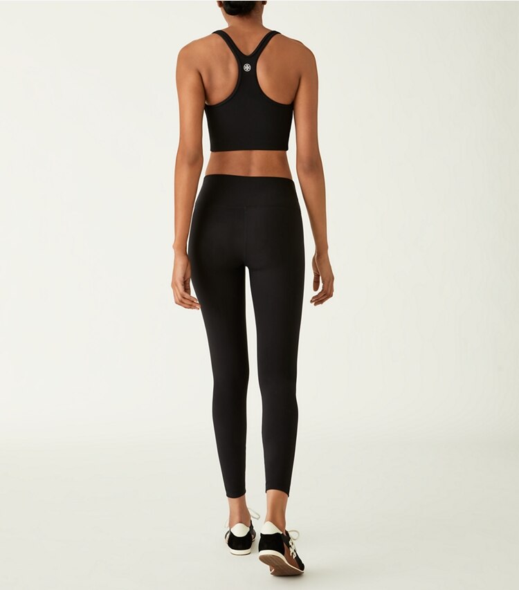 Tory Sport designer sports bras Sculpt Compression Racerback Long Bra  in Sport Black on model back