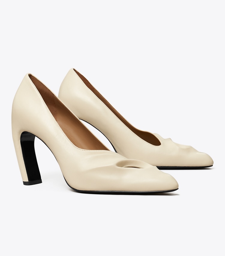 Tory Burch designer heels Sculpted Peep-Toe Pump in STONE SAND angle