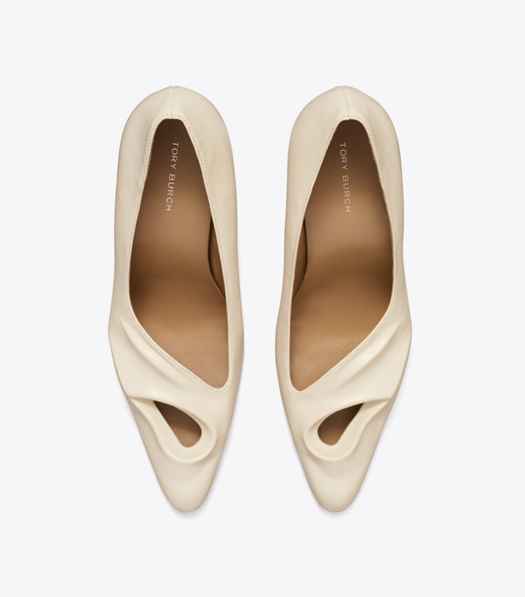 Tory Burch designer heels Sculpted Peep-Toe Pump in STONE SAND angle