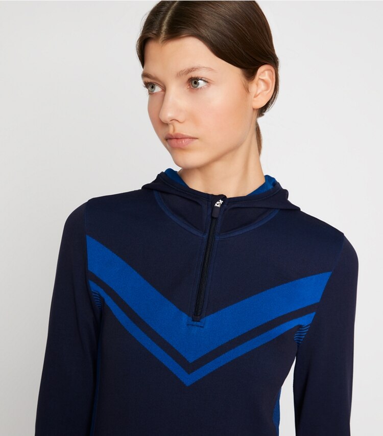 Tory Sport designer tops Seamless Half-Zip Chevron Long-Sleeve Top in Tory Navy/Royale Double Dye on model detail
