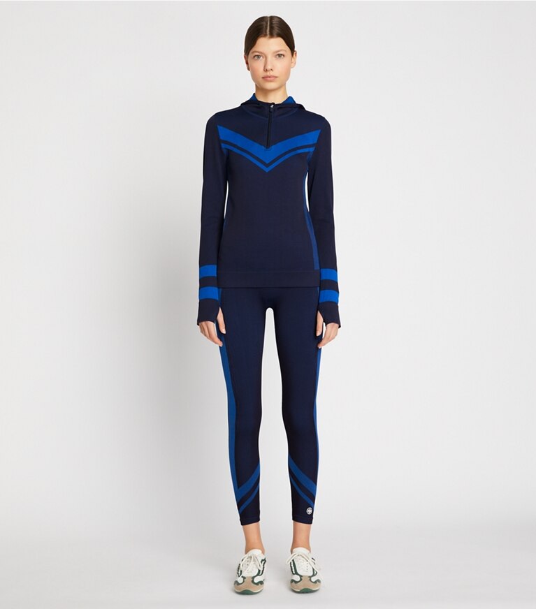 Tory Sport designer tops Seamless Half-Zip Chevron Long-Sleeve Top in Tory Navy/Royale Double Dye front