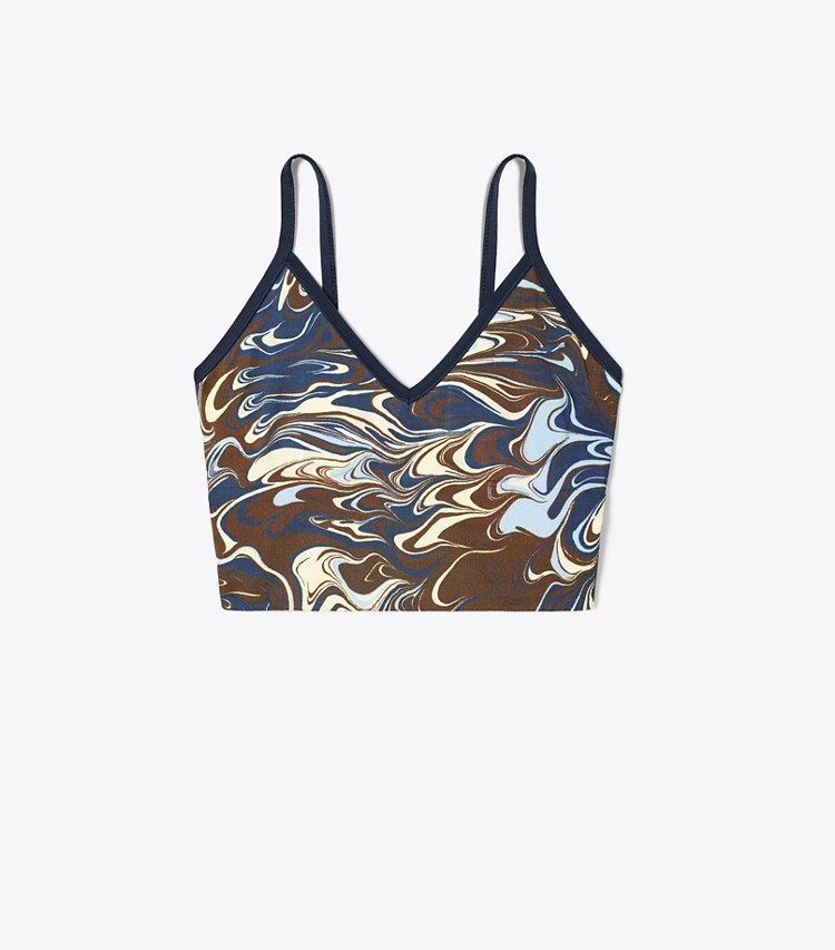 Tory Sport designer sports bras Seamless Long Bralette in Dark Roast Marble Splash front