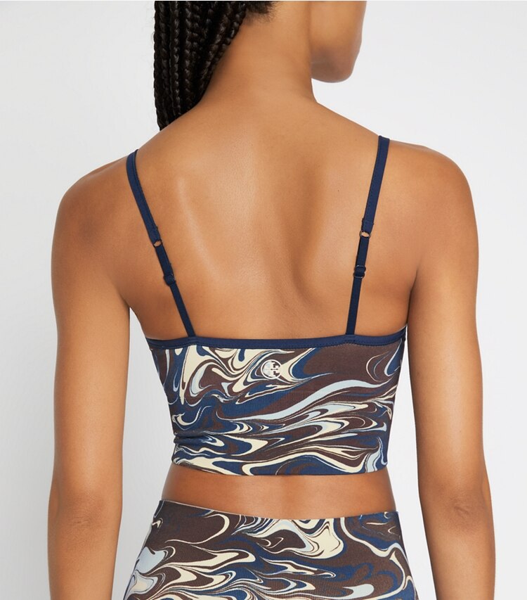 Tory Sport designer sports bras Seamless Long Bralette in Dark Roast Marble Splash on model detail
