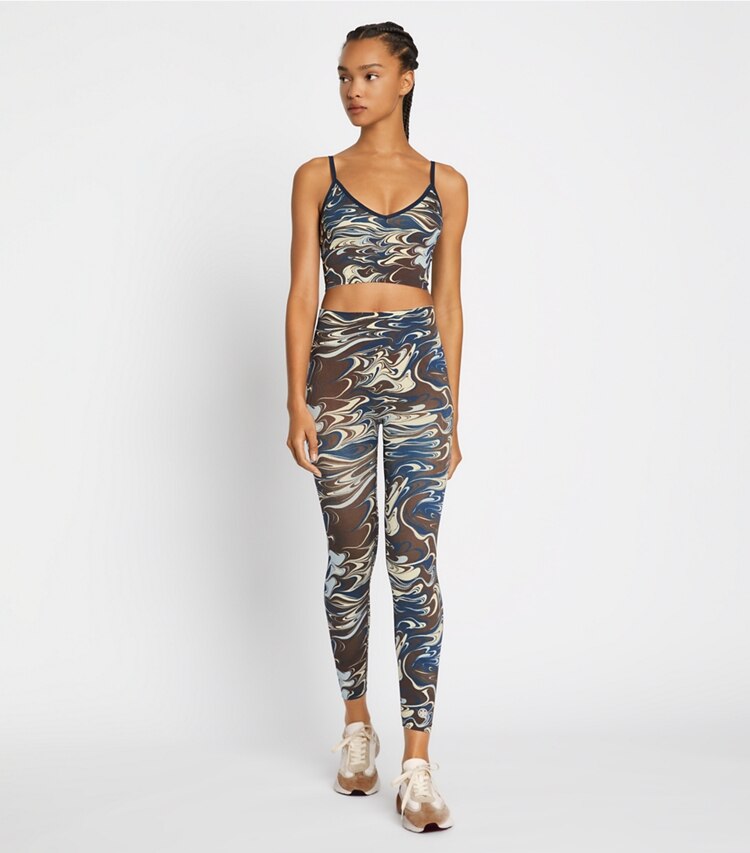 Tory Sport designer sports bras Seamless Long Bralette in Dark Roast Marble Splash on model front