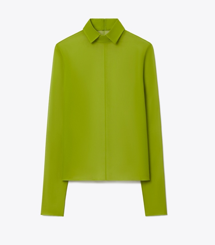 Tory Burch designer oberteile Seidenpoloshirt mit Rollkragen in Leaf Green front