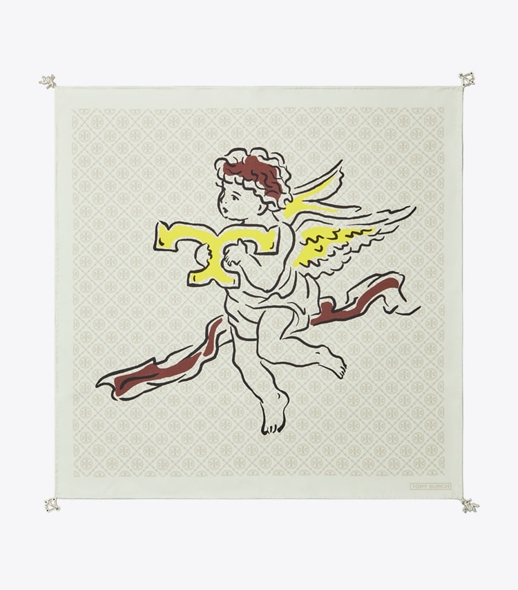 Tory Burch designer schals Seidentaschentuch mit Engels-Print und T-Monogramm in Beige Cherubs von oben
