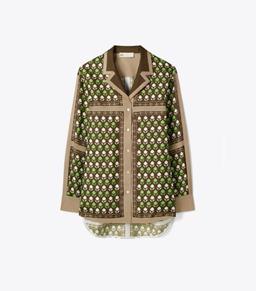 Tory Burch designer oberteile Seidentop in Chocolate Pomegranate front