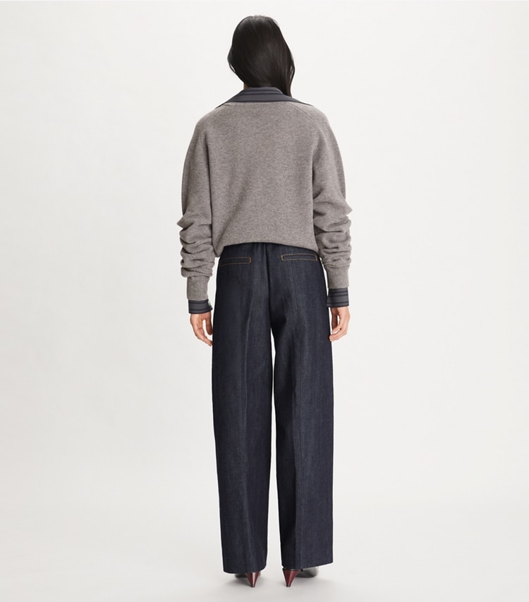 Tory Burch designer bottoms Selvedge Denim in Deep Dark Wash on model back