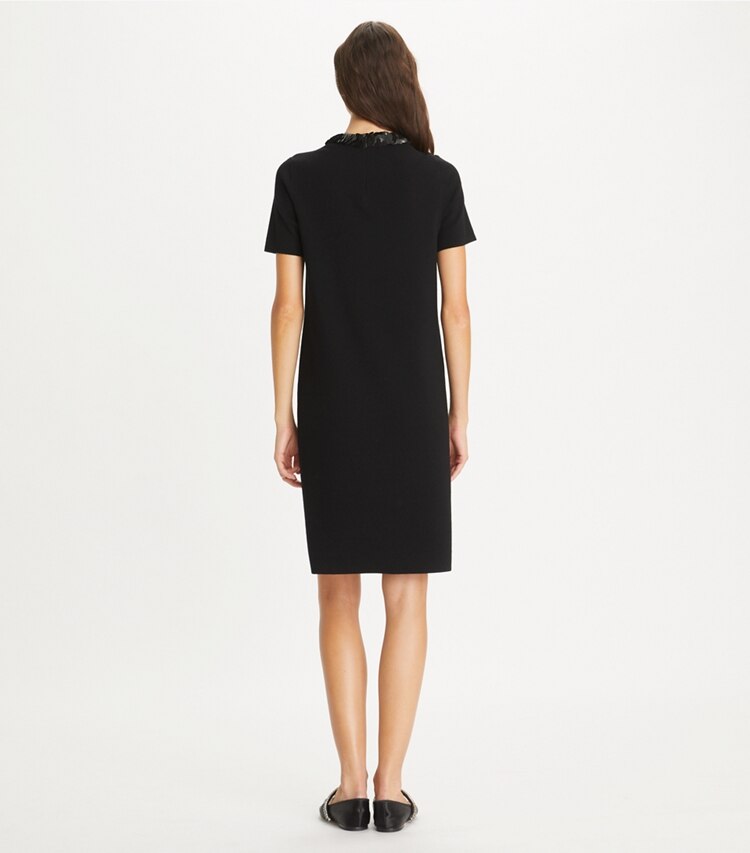 Tory Burch designer dresses Sequin-Collared Wool Sweater Dress in Black on model back