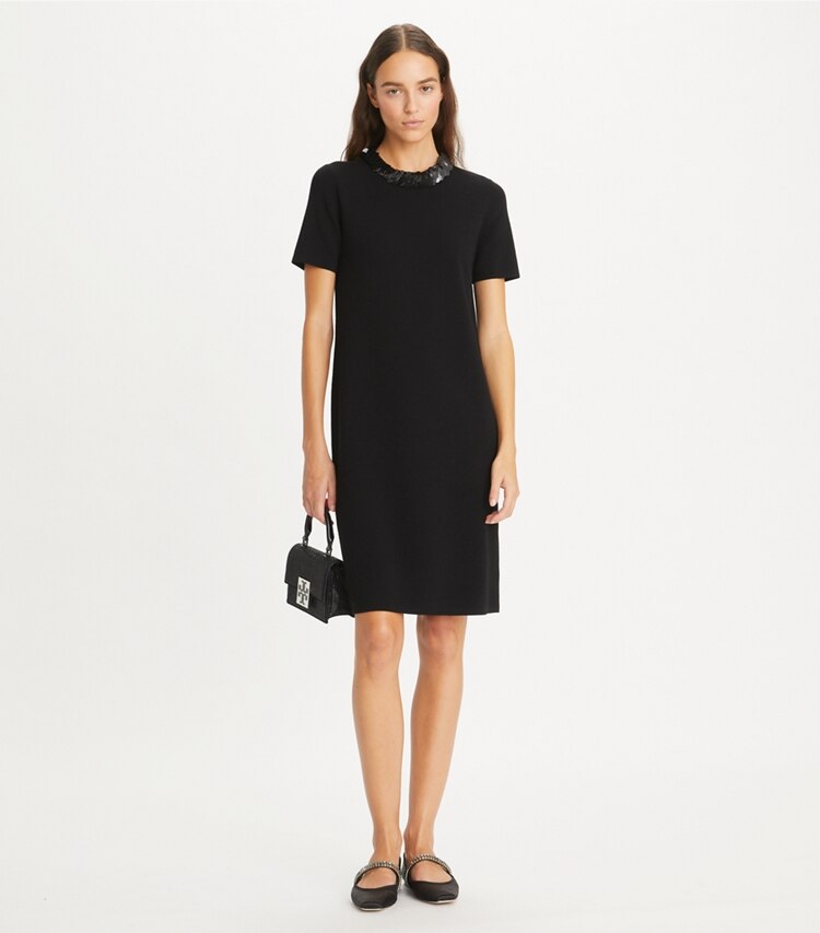 Tory Burch designer dresses Sequin-Collared Wool Sweater Dress in Black on model front