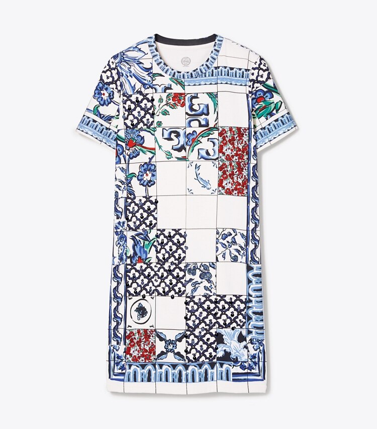 Tory Burch designer dresses Sequin Embellished T-Shirt Dress in Tile Mosaic front